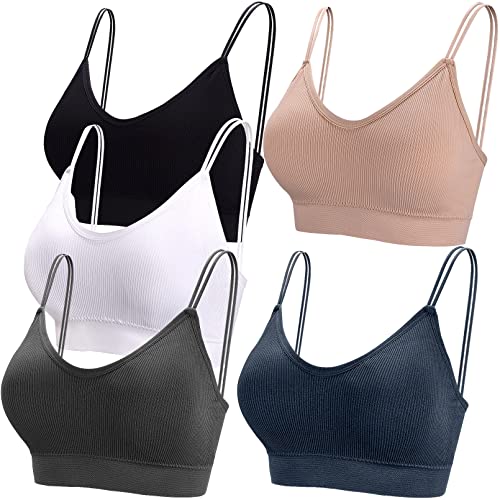 BQTQ 5 Stücke Bralette Damen V Hals Cami Top BH Bralette Schlafen BH für Frauen Mädchen, Schwarz, Beige, Weiß, Indigo, Dunkelgrau, L, BC-22-351 von BQTQ