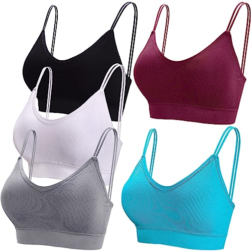 BQTQ 5 Stücke Bralette Damen V Hals Cami Top BH Bralette Schlafen BH für Frauen Mädchen, Schwarz, Grau, Weiß, Türkis, Dunkelrot, XL von BQTQ