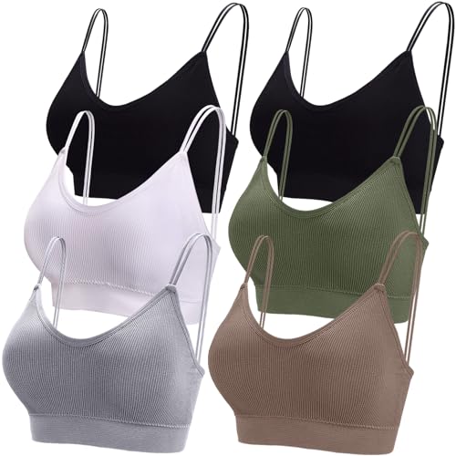 BQTQ 6 Stück Cami Bralette mit V-Ausschnitt für Damen, gepolsterte Cami-BHs Bralette mit Trägern, Braun, Weiß, Schwarz, Dunkeloliv, Grau, Medium von BQTQ