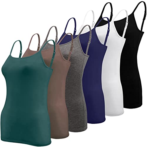 BQTQ 6 Stück Unterhemd Damen Camisole Tank Top Spaghetti Top Spaghettiträger Tank Top Basic Cami Tank Top für Frauen und Mädchen, Schwarz, Weiß, Dunkelgrau, Marineblau, Braun, Blaugrün, M von BQTQ