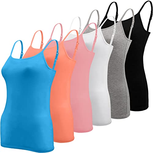 BQTQ 6 Stück Unterhemd Damen Camisole Tank Top Spaghetti Top Spaghettiträger Tank Top mit Verstellbarer Strap Basic Cami Tank Top für Frauen und Mädchen, Schwarz, Weiß, Grau, Türkis, Lachs, Rosa, S von BQTQ