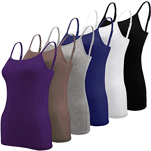 BQTQ 6 Stück Unterhemd Damen Spaghetti Top Spaghettiträger Tank Top mit Verstellbarer Strap Basic Cami Tank Top für Frauen und Mädchen, Lila, Schwarz, Grau, Navy, Weiß, Braun, XL von BQTQ