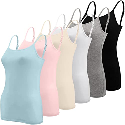 BQTQ 6 Stück Unterhemd Damen Spaghetti Top Spaghettiträger Tank Top mit Verstellbarer Strap Basic Cami Tank Top für Frauen und Mädchen, Schwarz, Weiß, Grau, Himmelblau, Rosa, Beige, L von BQTQ