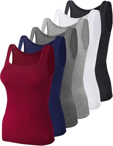 BQTQ 6 Stück Unterhemd Damen Tank Top mit Quadratischem Ausschnitt, Elastische Tank Tops Camisole Crop Top Stretch Untershirt Ärmellos, Klassische Farben, L von BQTQ