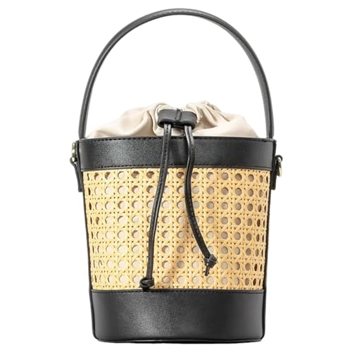 BQWXIEC Rattan-Stroh-Tragetasche für Damen, Stroh-Strandtasche, Umhängetasche, PU-Leder, Sommer-Strandurlaub-Handtasche (A-Black) von BQWXIEC