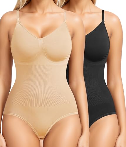 BRABIC Nahtloser ärmelloser Damen-Body mit V-Ausschnitt, Bauchkontrolle, Breif Schwarz + Beige, Medium / Large von BRABIC