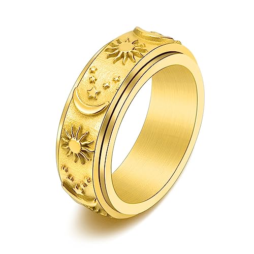 BRABOSTON Praktische Drehbewegung für Stahl-Ringe, Spinner für Männer und Frauen, personalisierte Gravur, Mond, Stern, Sonne, Stahl, drehbar, Gold, Wie beschrieben, Wie beschrieben von BRABOSTON
