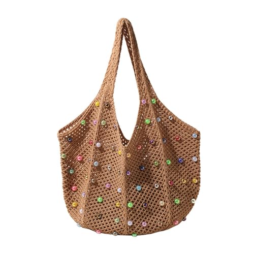 Bohomian gehäkelte Strand-Umhängetasche für Damen, gestrickt, Achselhöhlen mit bunten Perlen und großem Fassungsvermögen, Handtasche mit farbigen Perlen, khaki, One Size von BRABOSTON