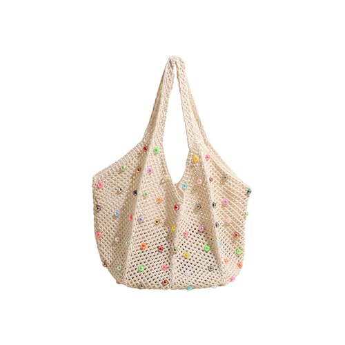 Bohomian gehäkelte Strand-Umhängetasche für Damen, gestrickt, Achselhöhlen mit bunten Perlen und großem Fassungsvermögen, Handtasche mit farbigen Perlen, weiß, One Size von BRABOSTON