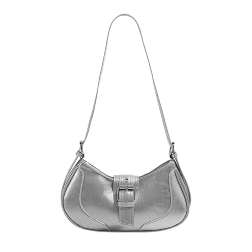 Damen Schultertasche Handtasche PU Leder Achseltaschen Achseltaschen Achseltasche mit Schnalle für tägliches Pendeln oder Freizeit Reisen Stilvolle Damen Handtasche, silber, One Size von BRABOSTON