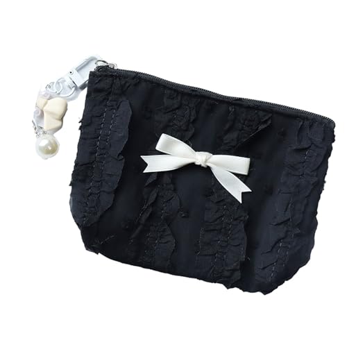 Kleine Geldbörse aus Segeltuch mit Spitzenschleifen, Make-up-Tasche, Münzaufbewahrung, organisierte Kosmetiktasche für Damen und Mädchen, Reise-Make-up-Tasche, Schwarz , Mass Beauty von BRABOSTON