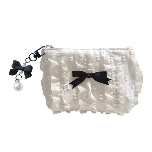 Kleine Geldbörse aus Segeltuch mit Spitzenschleifen, Make-up-Tasche, Münzaufbewahrung, organisierte Kosmetiktasche für Damen und Mädchen, Reise-Make-up-Tasche, weiß, Mass Beauty von BRABOSTON