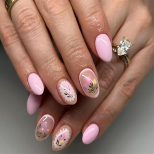 Künstliche Fingernägel zum Aufdrücken auf künstliche Fingernägel, Blumendesign, französische Spitzen, Acrylkleber für Damen, transparent, 24 Stück von BRABOSTON