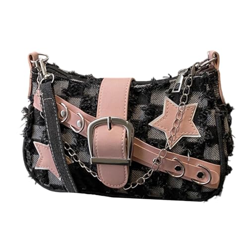 Retro Umhängetasche Elegante Handtasche Achseltaschen mit Sternmuster für Frauen und Mädchen Punk Styles Crossbody Geldbörse Retro Jeans Tasche, Checkerboard Black, One Size von BRABOSTON
