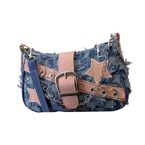 Retro Umhängetasche Elegante Handtasche Achseltaschen mit Sternmuster für Frauen und Mädchen Punk Styles Crossbody Geldbörse Retro Jeans Tasche, Schachbrettblau, One Size von BRABOSTON