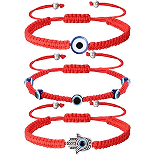 BRACO Glücksbringer-Armbänder, Kabbalah, roter Faden, böser Blick, türkisches Auge, Hand der Fatima, verstellbar, geflochtenes Seil, handgefertigt, 3 Stück, Baumwolle von BRACO
