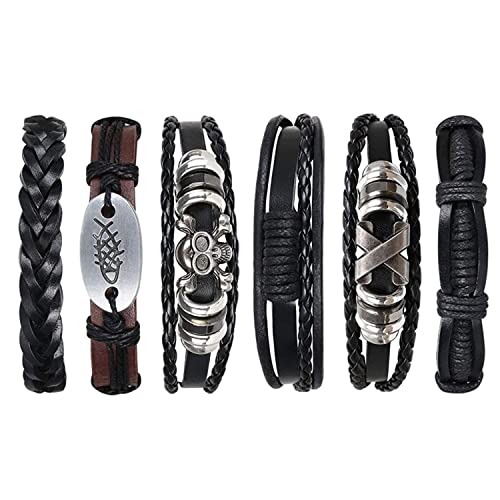 BRACO Heavy Metal Armband » Rock » Punk – Pack 6 geflochtene Lederarmbänder mit Totenkopf – Retro-Armband schwarz und braun für Damen und Herren von BRACO