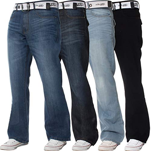 BRAND KRUZE für Herren Schlag Jeans aus 100% Baumwolle mit ausgestelltem weitem Bein, Gürtel, Reißverschluss 28W / 32L Dunkles Stonewash von BRAND KRUZE