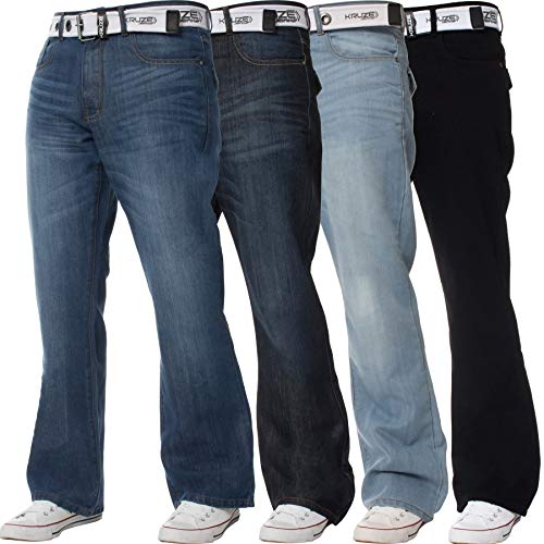 BRAND KRUZE für Herren Schlag Jeans aus 100% Baumwolle mit ausgestelltem weitem Bein, Gürtel, Reißverschluss 28W / 32L Schwarz von BRAND KRUZE