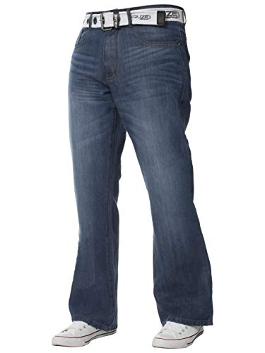 BRAND KRUZE für Herren Schlag Jeans aus 100% Baumwolle mit ausgestelltem weitem Bein, Gürtel, Reißverschluss 34W / 30L Mittlerer Stonewash von BRAND KRUZE