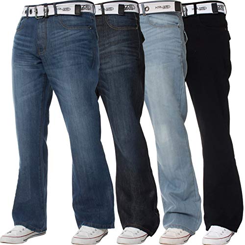 BRAND KRUZE für Herren Schlag Jeans aus 100% Baumwolle mit ausgestelltem weitem Bein, Gürtel, Reißverschluss 34W / 32L Dunkles Stonewash von BRAND KRUZE