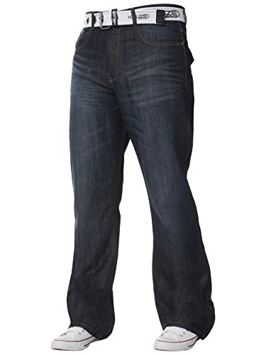BRAND KRUZE für Herren Schlag Jeans aus 100% Baumwolle mit ausgestelltem weitem Bein, Gürtel, Reißverschluss 36W / 32L Dunkles Stonewash von BRAND KRUZE