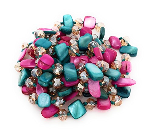 BRANDELIA Halskette Damen Bijouterie Modeschmuck Perlmuttkette mit Perlmutt und Kristall Perlen, Als Kurze Kette oder Lange Kette zu Tragen - Pink Türkis von BRANDELIA