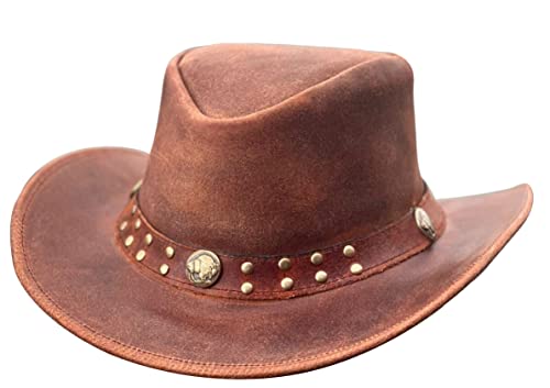 BRANDSLOCK Cowboy Hat für Herren und Frauen - Premium Leder Australischer Busch Hat - Leichter Western Hut - Formbarer Cowgirl Hut Mit Breiter Krempe - Party Kostüm Outfit für Reisen und Sonnenschutz von BRANDSLOCK