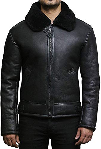 BRANDSLOCK Herren Aviator B3 Weltkrieg 2 Real Shearling Schaffell -Fliegerjacke (3XL - (Brustumfang: 51" - 52"), Schwarz) von Brandslock