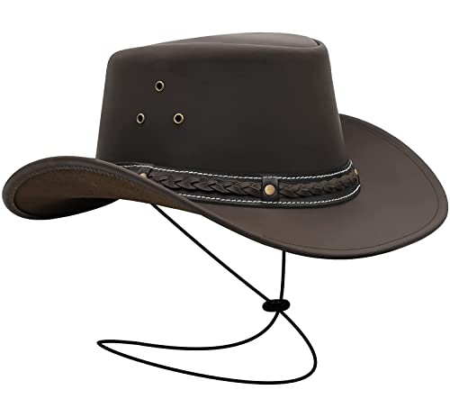 BRANDSLOCK Herren Vintage Schwarz und Braun Wide Brim Cowboy Aussie Style Western Bush Hat (Small, braun) von BRANDSLOCK