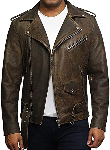 BRANDSLOCK Herren echtes Leder Biker Jacke Rindsleder Brando Rustikal (Brun, M) von BRANDSLOCK