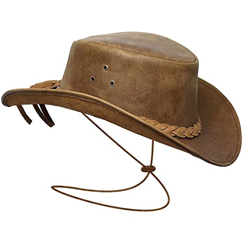 BRANDSLOCK Mens Weinlese Großer Rand-Cowboy Aussie Stil West Bush Hut Mit Chin Cord (M, Jahrgang) von BRANDSLOCK