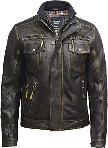 BRANDSLOCK Vintage Mens Alle Bikerjacke aus Leder Vintage Washed Schwarz Biker Stil Crinkle Retro (3XL, SCHWARZ) von BRANDSLOCK