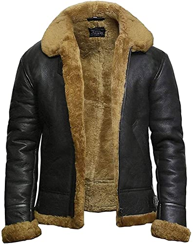 Brandslock Herren-Bomberjacke aus echtem Lammfell/Schafsleder, Pilotenjacke, B3-WWII-Fliegerjacke, Cockpit, dicke Wolle innen Gr. S, braun von BRANDSLOCK