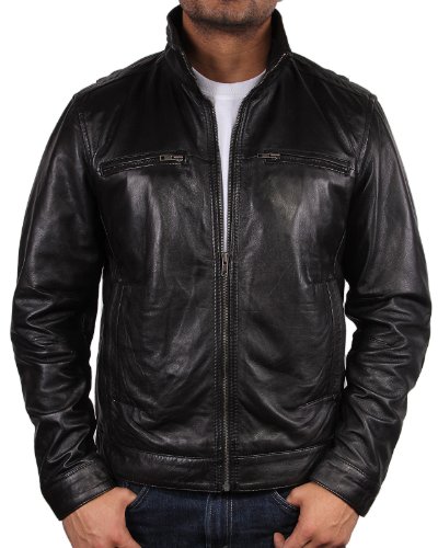 Brandslock Herren Lederjacke Echtleder Lammfell Moto Biker Slim Fit - Blau - Small von BRANDSLOCK