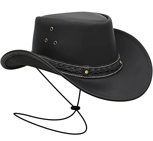 BRANDSLOCK Herren Vintage Schwarz und Braun Wide Brim Cowboy Aussie Style Western Bush Hat (Small, schwarz) von BRANDSLOCK