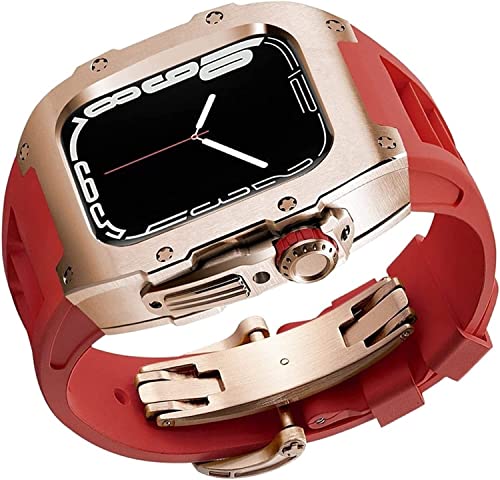 BRART Edelstahl-Uhrengehäuse, Gummi-Uhrenarmband, für Apple Watch Serie 7, 8, 45/44 mm, Uhrenarmband, Mod Kit, Stoßfängergehäuse, Fluorelastomer-Band, Schutz, Uhrenzubehör, 45 mm, Achat von BRART