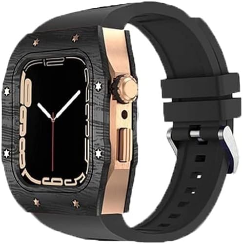 BRART Karbonfaser-Gehäuse, Titan-Lünette, für Apple Watch Band 8, 7, 44 mm, 45 mm, mit Gummiband, Modifikationsset, Metallrahmen, Fluorkautschuk-Armband, für iWatch 6, 5, 4 SE, Zubehör, 45 mm, Achat von BRART