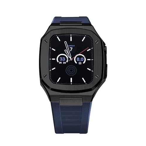 BRART Luxuriöses Metall-Lünettenrahmen-Gummiband für Apple Watch Gehäuse 8, 7, 6, 5, 4, 3, 2, 45 mm, 41 mm, 44 mm, Edelstahl-Modifikationsset für iWatch (Farbe: Gummi B schwarz blau, Größe: 45 mm), 45 von BRART