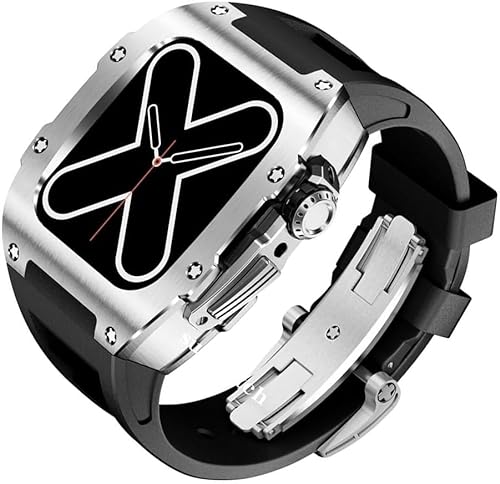 BRART Rm Style Herren-Uhren-Mod-Kit, Titan-Uhrengehäuse + Gummi-Sportbänder, für Apple Watch Serie 8, 7, 45 mm, 6, 5, 4, SE, 44 mm, Silikon-Sportarmband-Umbausatz, für iWatch-Modifikation, For 45mm, von BRART