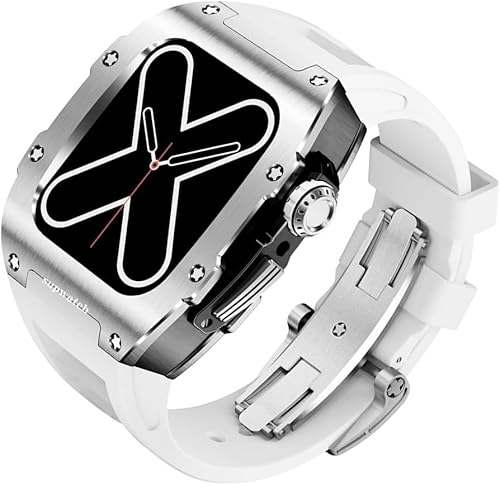 BRART Rm Style Herren-Uhren-Mod-Kit, Titan-Uhrengehäuse + Gummi-Sportbänder, für Apple Watch Serie 8, 7, 45 mm, 6, 5, 4, SE, 44 mm, Silikon-Sportarmband-Umbausatz, für iWatch-Modifikation, For 44mm, von BRART