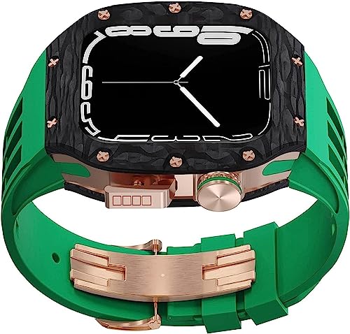 BRART Uhrengehäuse aus Karbonfaser, Fluorelastomer, leicht, für Apple Watch 8/7/6/4/5 SE, 45 mm, 44 mm, Metall-Stoßdämpfer, Uhrenabdeckung, RM-Stil, Gummiband, Schlaufen, Uhrenzubehör, für Damen und von BRART