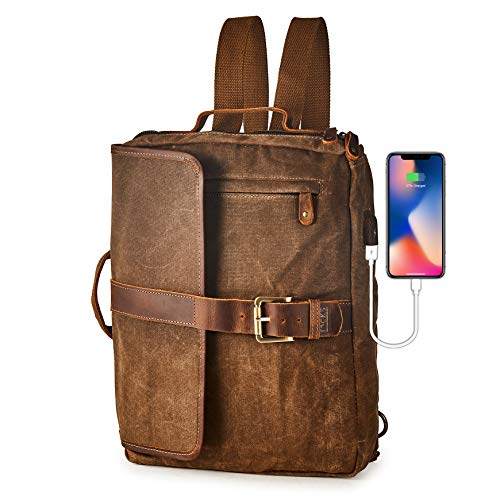 BRASS TACKS LEATHERCRAFT Rucksack aus Leder Laptoprucksack Fahrradrucksack Trekkingrucksack Lederrucksack Tagesrucksack Canvas Segeltuch Damen Herren (Braun) von BRASS TACKS LEATHERCRAFT