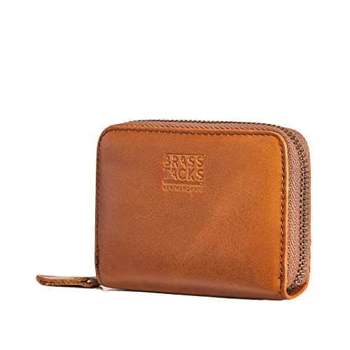 BRASS TACKS Leathercraft Kreditkartenetui Echtleder Vintage RFID-Schutz Reißverschluss Multifächer-Kartenhalter Portmonee Geldbörse Unisex Tall (Dunkelbraun) von BRASS TACKS Leathercraft