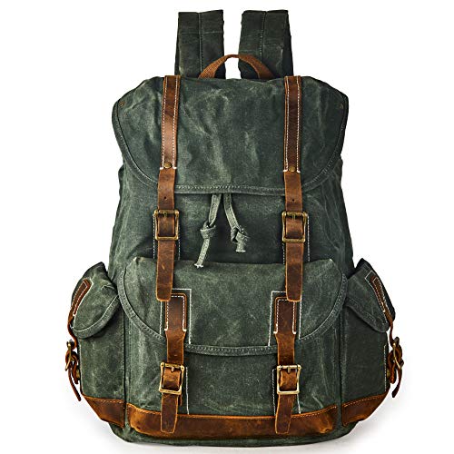 BRASS TACKS Leathercraft Leinen Rucksack Gewachst Leinen Crazy Horse Leder - 15.6 Zoll Laptop Alltag Casual/Business Sport Wanderrucksack Wasserdicht Herren (Grün) von BRASS TACKS Leathercraft