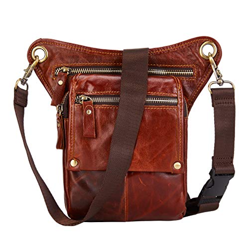 Beintasche Braun Bum Bag Schultertasche aus Leder Premium Leg Bag Umhängetasche Vintage Reisetasche Beintasche Motorrad Damen Herren (Rot) von BRASS TACKS LEATHERCRAFT