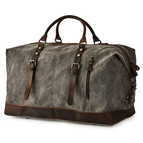 BRASS TACKS Leathercraft Vintage Reisetasche Leder Canvas Weekender Wasserdicht Robust Groß Herren Damen Handgepäck Verstellbar Schultergurt Reißverschluss Metall (Grau) von BRASS TACKS Leathercraft