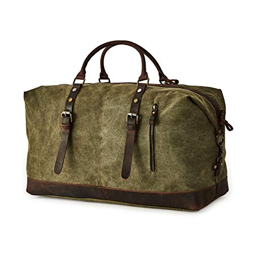 BRASS TACKS Leathercraft Vintage Reisetasche Leder Canvas Weekender Wasserdicht Robust Groß Herren Damen Handgepäck Verstellbar Schultergurt Reißverschluss Metall (Grün) von BRASS TACKS Leathercraft