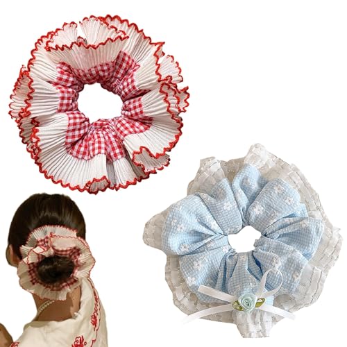 2 Stück übergroße rot-weiße Gingham-Spitzen-Haargummis, stilvolle Spitzen-Haar-Accessoires, elegante Pferdeschwanz-Halter und Mode-Accessoires für Damen und Mädchen, erhältlich in 2 Stilen von BRDTKUGV