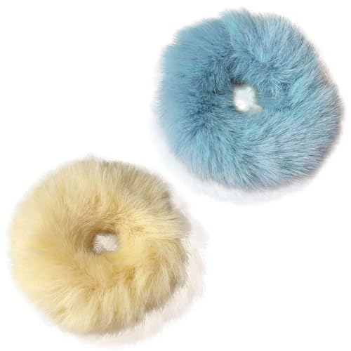 Flauschige Haargummis für Frauen, weiche, elastische Pferdeschwanz-Halter, niedliche flauschige Haargummis für Frisuren, bequemes Zubehör für Mädchen, perfekt für Haarknoten (Gelb, Blau), 4 Stück von BRDTKUGV